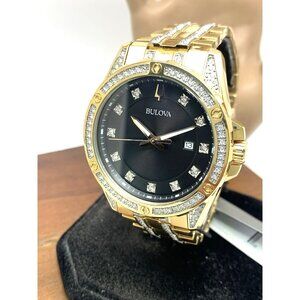 Bulova Men's Watch 98K115 Quartz Black Dial Crystals Gold Steel Gemmed 43mm Set